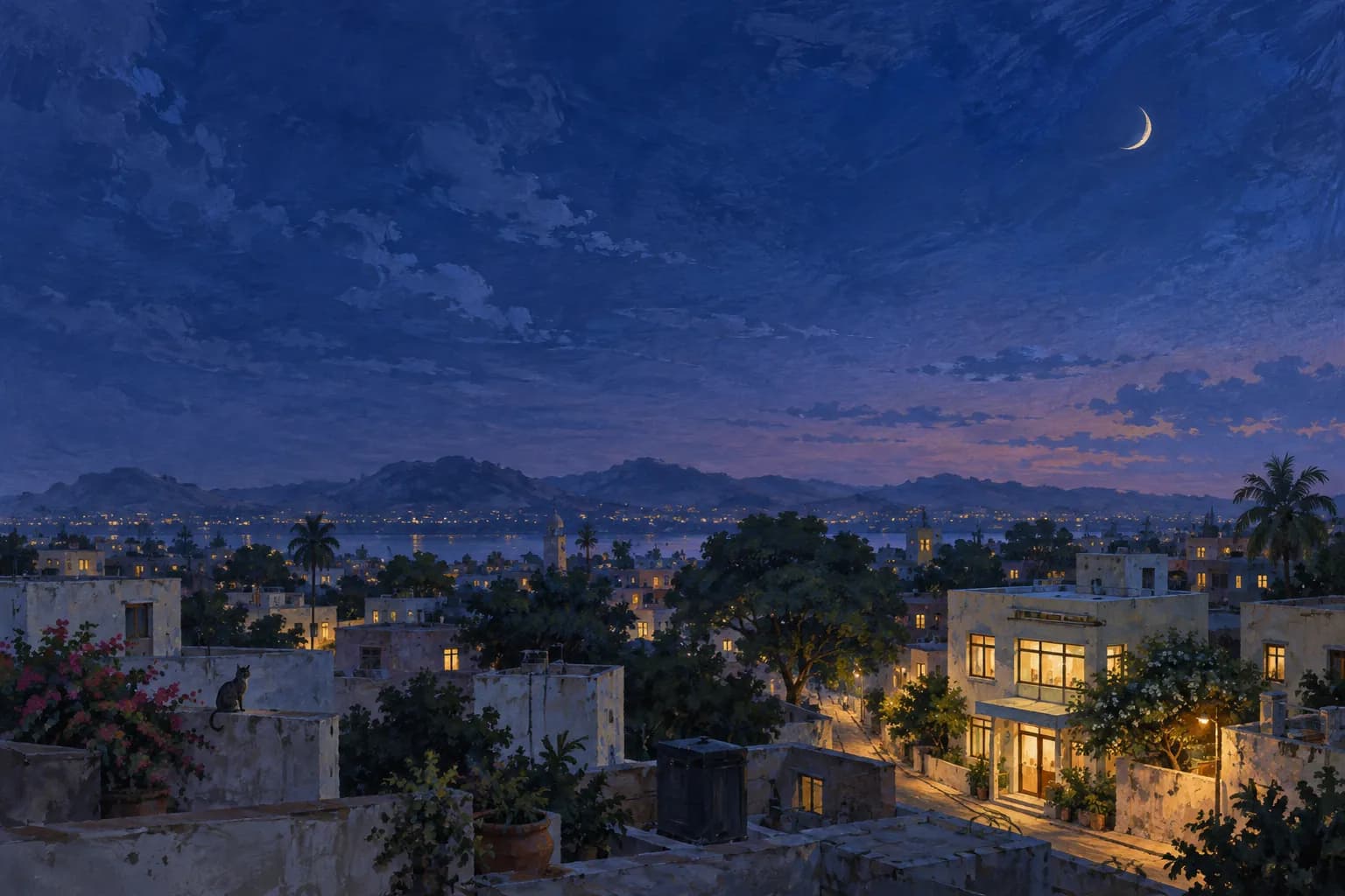 An illustrated Indian neighbourhood settling into evening.